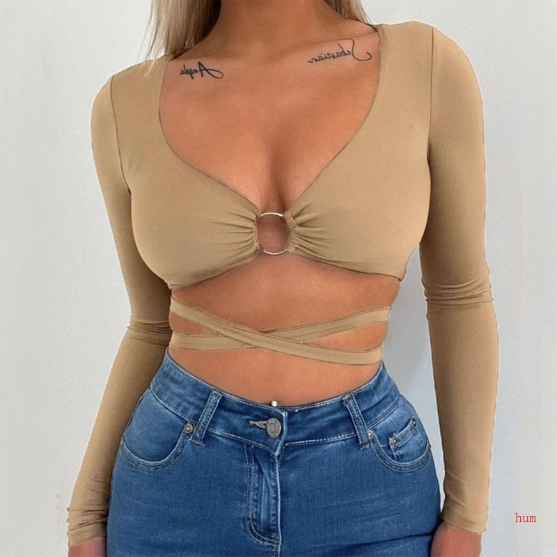 Áo Thun Crop Top Tay Dài Cổ Chữ V Khoét Sâu Màu Sắc Đơn Giản Cho Nữ