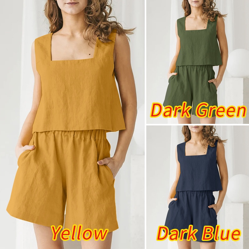 Zanzea Bộ Áo Tank Top Cổ Vuông + Quần Short Lưng Cao Thời Trang Vintage Cho Nữ
