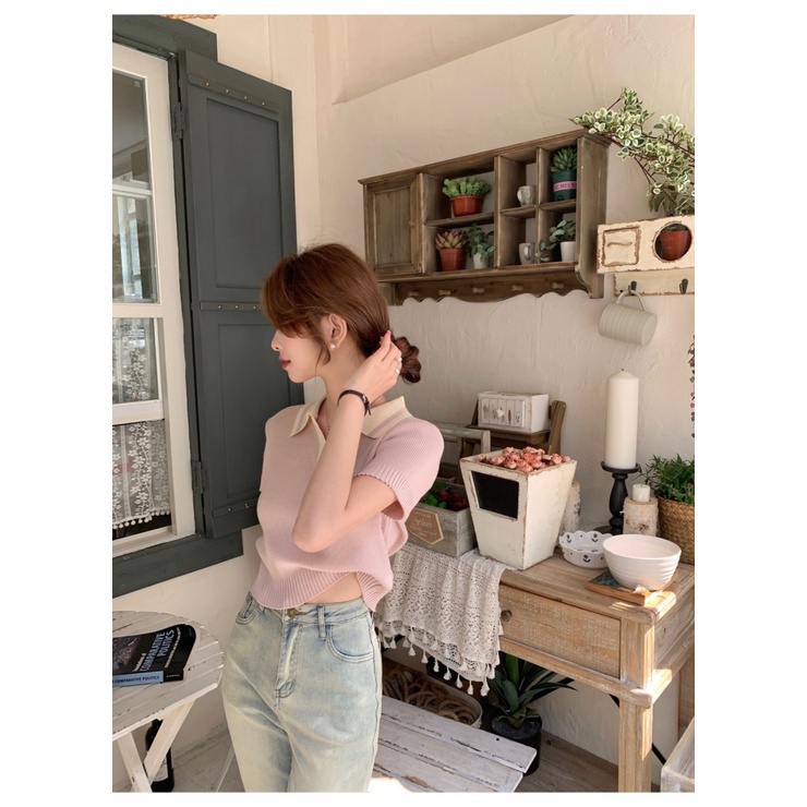 Áo baby tee Thun croptop Dệt Kim Tay Ngắn Cổ polo Màu Sắc Tương Phản Phong Cách Pháp Thời Trang Mùa Hè Xinh Xắn Cho Nữ