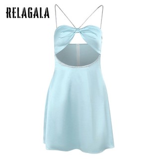 RelaGala Đầm Nữ Treo Kim Cương Dây Xích Gợi Cảm Rỗng Satin Thời Trang Hottie Váy Ngắn