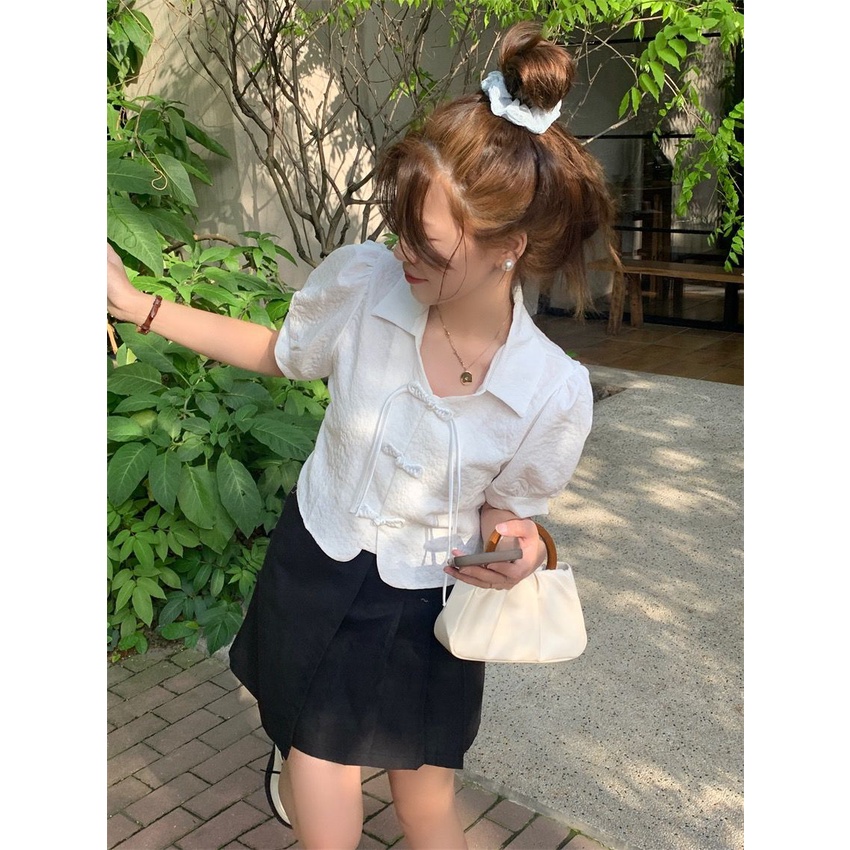 Áo Sơ Mi Tay Phồng Phối Nút Thời Trang Mùa Hè Vintage Dành Cho Nữ