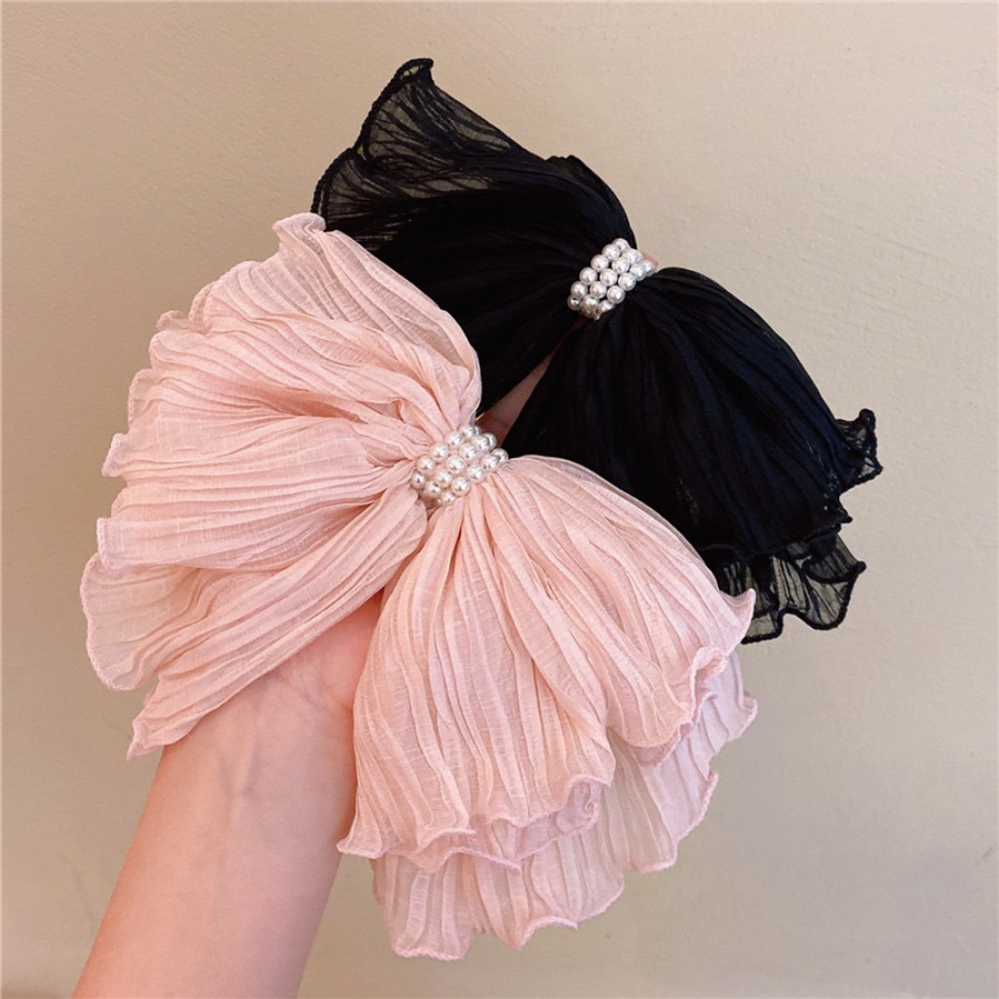 Kẹp Tóc Hình Nơ Lớn Xếp Ly Đính Ngọc Trai Kiểu Hàn Quốc Ngọt Ngào Cho Nữ