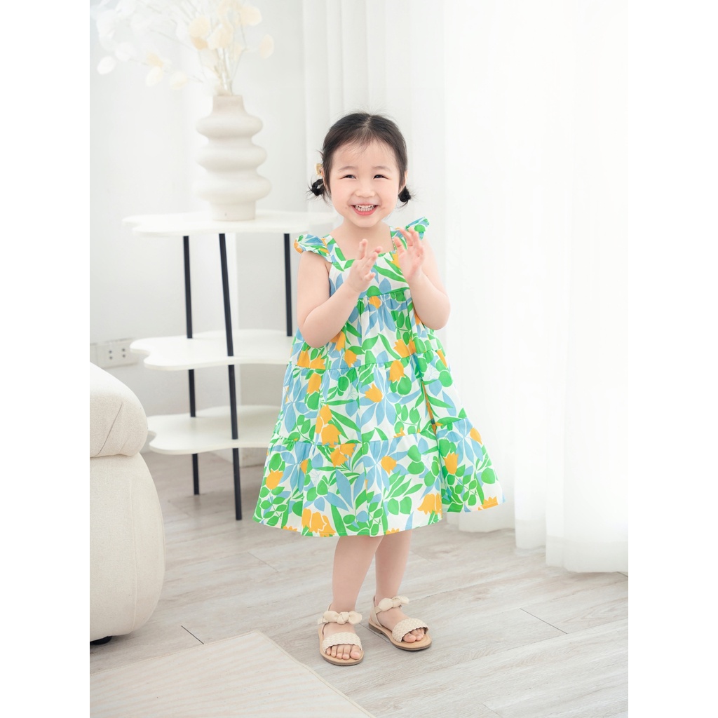 Váy Bé Gái Carrot 2 Dây Cánh Tiên, Họa Tiết Lá Xanh, Chất Thô Cotton Thoáng Mát Thấm Hút Mồ Hôi