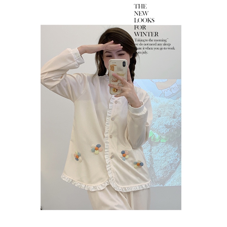 Bộ Đồ Ngủ Cotton Tay Dài Cổ Chữ V Phong Cách Hàn Quốc Thời Trang Mùa Xuân Mới Cho Nữ