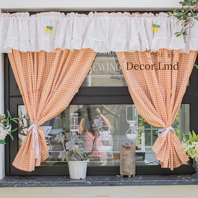 Rèm cửa sổ caro cam k gồm cherry phối voan trắng nhún bèo vintage vải dày dặn chống nắng, màn cửa decor trang trí phòn g