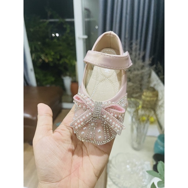<From nhỏ> Giày búp bê đính nơ đá lấp lánh xinh xắn đế mềm cho bé gái