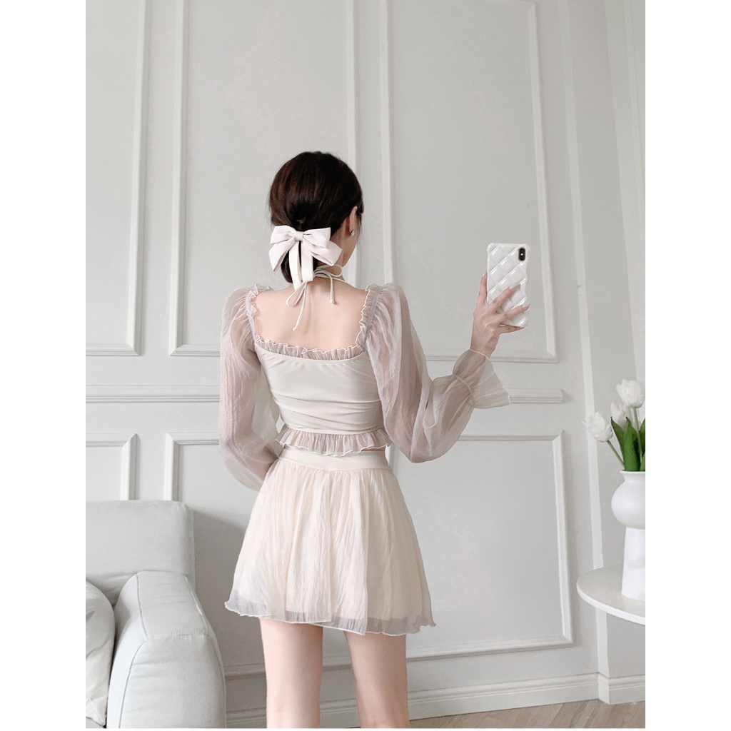 Bộ Đồ Bơi Hai Mảnh Áo Tay Dài Chống Nắng Và Quần Lưng Cao Ôm Dáng Dành Cho Nữ