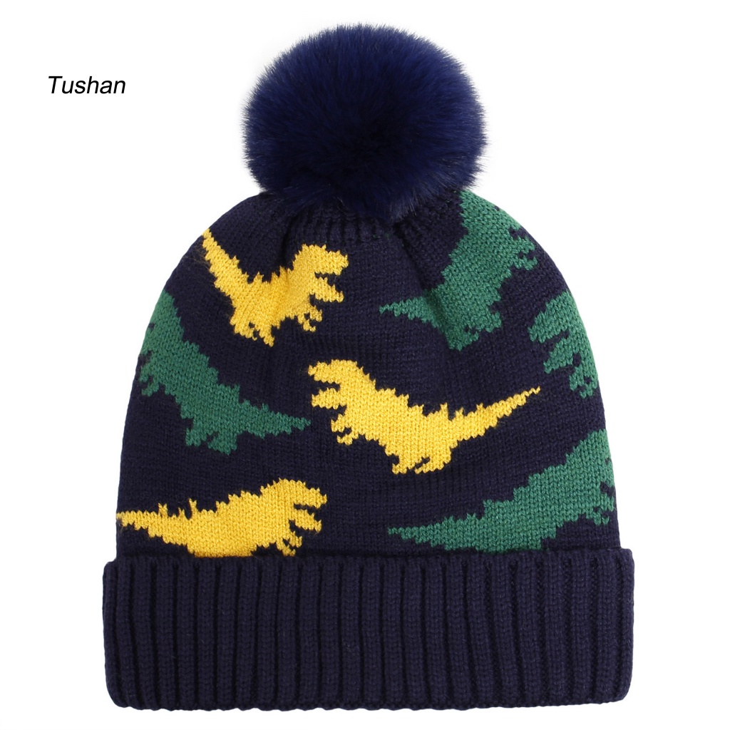 Mũ Beanie Dệt Kim Viền Xoăn Đính Bóng Lông Họa Tiết Khủng Long Hoạt Hình Thời Trang Thu Đông Cho Bé