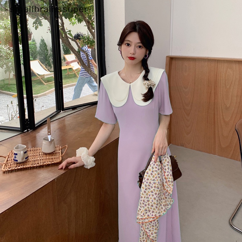 Đầm Dáng Chữ A Tay Ngắn Cổ Peter Pan Ôm Eo Thời Trang Mùa Hè Cho Nữ