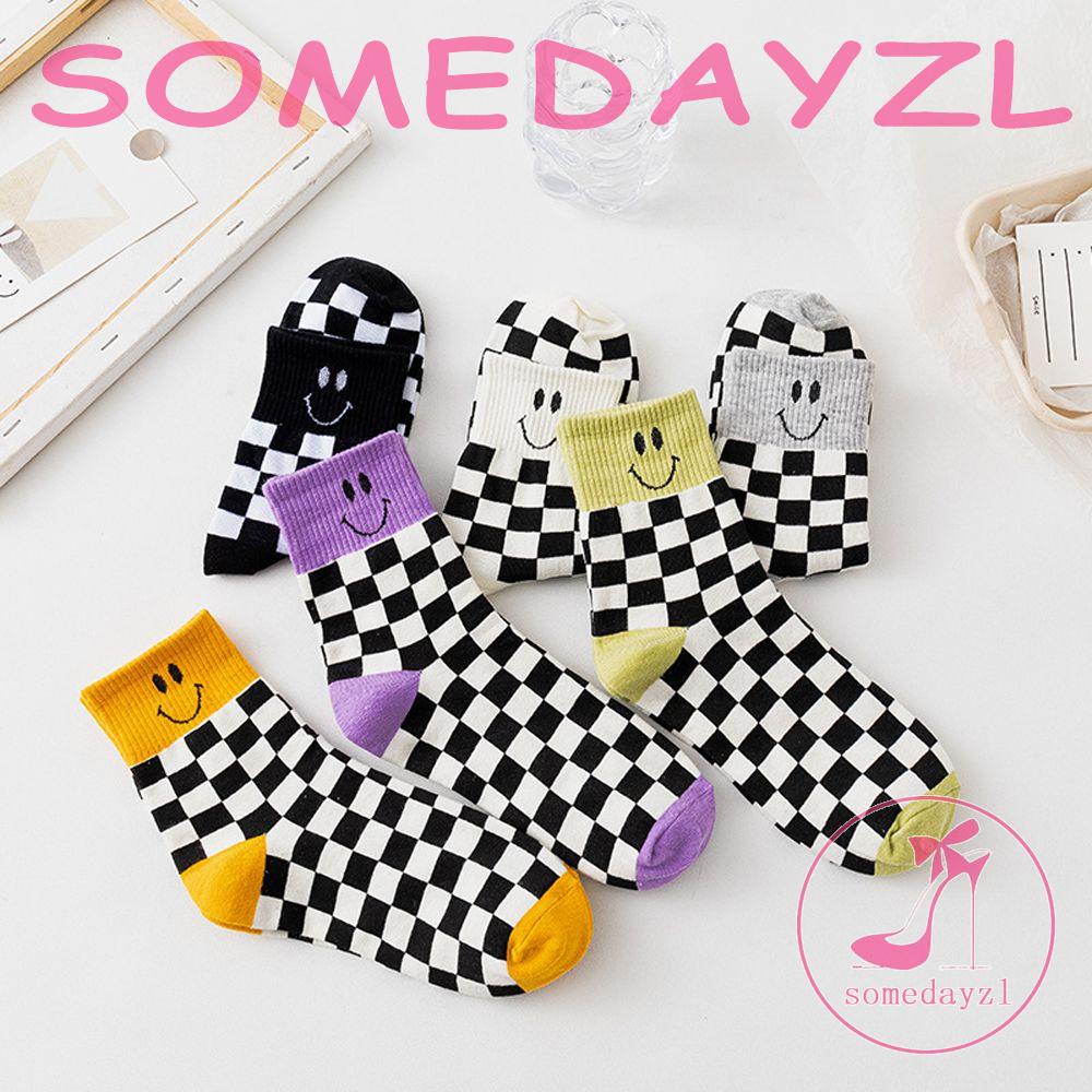 Vớ Cotton Họa Tiết Caro Mặt Cười Phong Cách Harajuku Đường Phố Thanh Lịch Cho Nữ