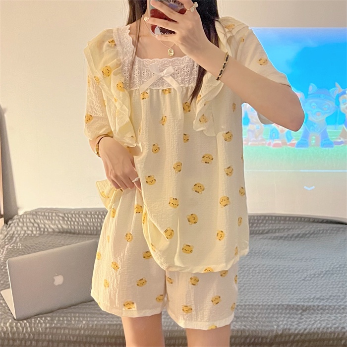Bộ Đồ Ngủ Cổ Vuông Phối Ren Họa Tiết Dễ Thương Phong Cách Nhật Bản Cho Nữ