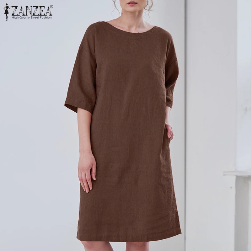 Đầm Nữ Tay Lửng Cổ Tròn Màu Trơn Phong Cách Vintage ZANZEA