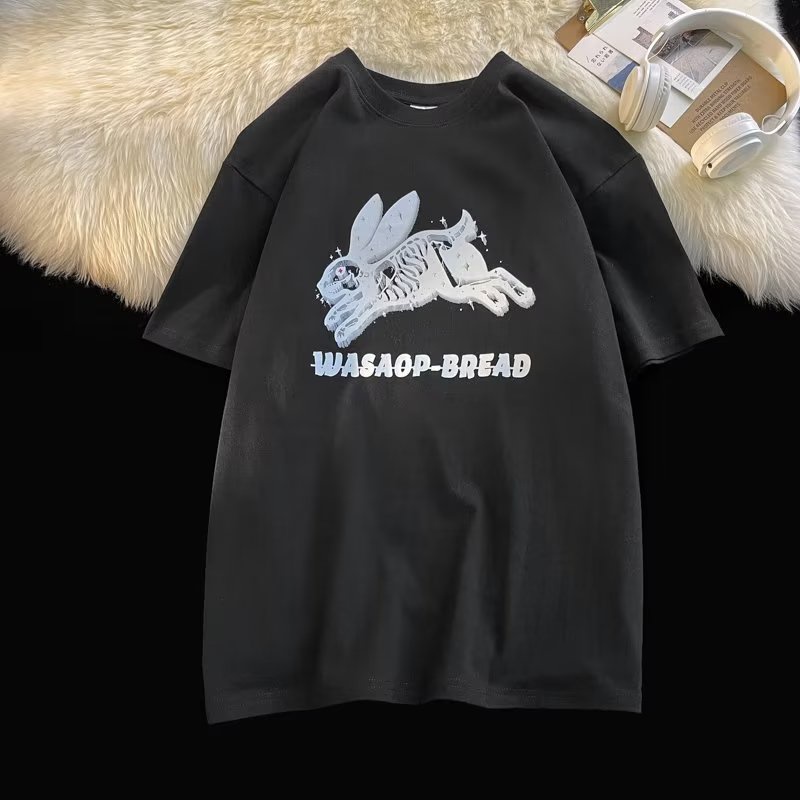 Áo Thun Cotton Tay Ngắn Dáng Rộng In Hình Thỏ Bông Màu Trơn Dễ Phối Đồ Thời Trang Mùa Hè Cho Nam Và Nữ