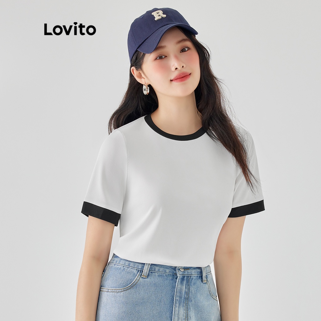 Áo thun nữ Lovito tay ngắn cổ tròn dệt kim sọc gân phối viền tương phản màu trơn thường ngày L49AD015 (Màu trắng nhạt)