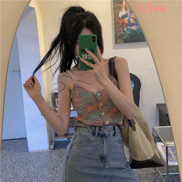 Áo Dệt Kim Hai Dây Ôm Dáng Đính Ngọc Trai Phong Cách Hàn Quốc