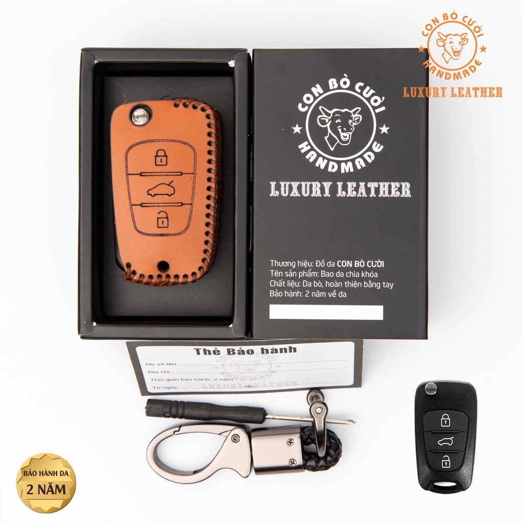 Bao Da Chìa Khóa Kia Gập nhỏ 3 nút Morning, Forte, Carent, Da Bò Thật 100%. Bảo Hành Da 2 Năm