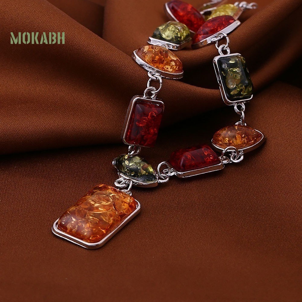 Bộ Vòng cổ + Bông Tai Đính Đá Hổ Phách Hình Vuông / Oval Phong Cách Châu Phi Thời Trang Cho Nữ