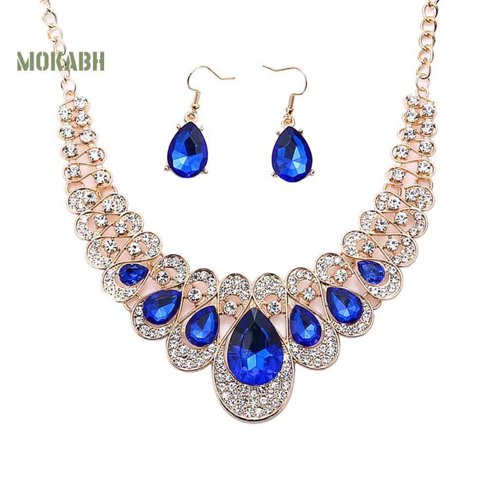 Set 2 Vòng cổ + Bông Tai Đính Đá Hình Giọt Nước