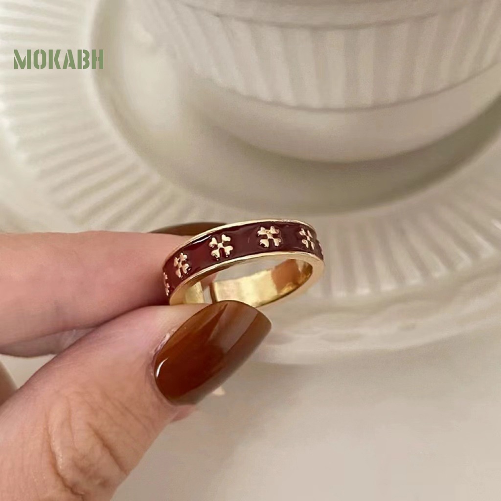 [Mới] Nhẫn Dạng Mở Hình Cỏ Bốn Lá Bằng Kim Loại Tráng Men Màu Đỏ Thanh Lịch Có Thể Điều Chỉnh Kích