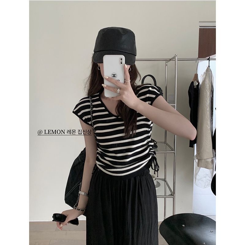 Áo Thun Tay Ngắn Dáng Ôm Phối Dây Rút Họa Tiết Kẻ Sọc Thời Trang Mùa Hè 2023