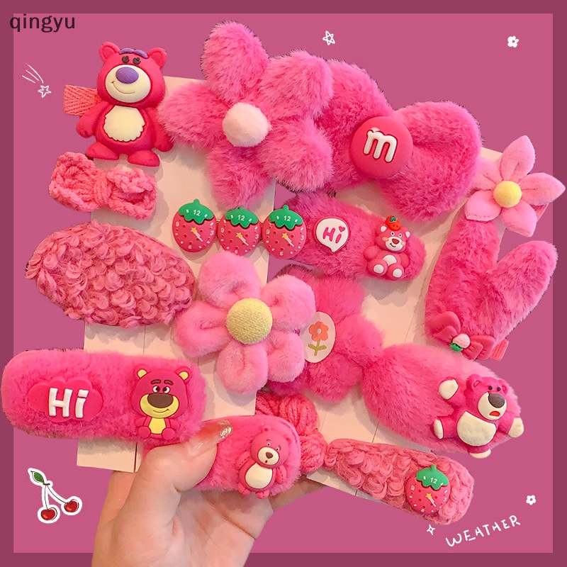 Bộ 8 / 10 Kẹp Tóc Hình Gấu / Dâu Tây Phủ Lông Xù Đáng Yêu Thời Trang Mùa Đông Dành Cho Trẻ Em