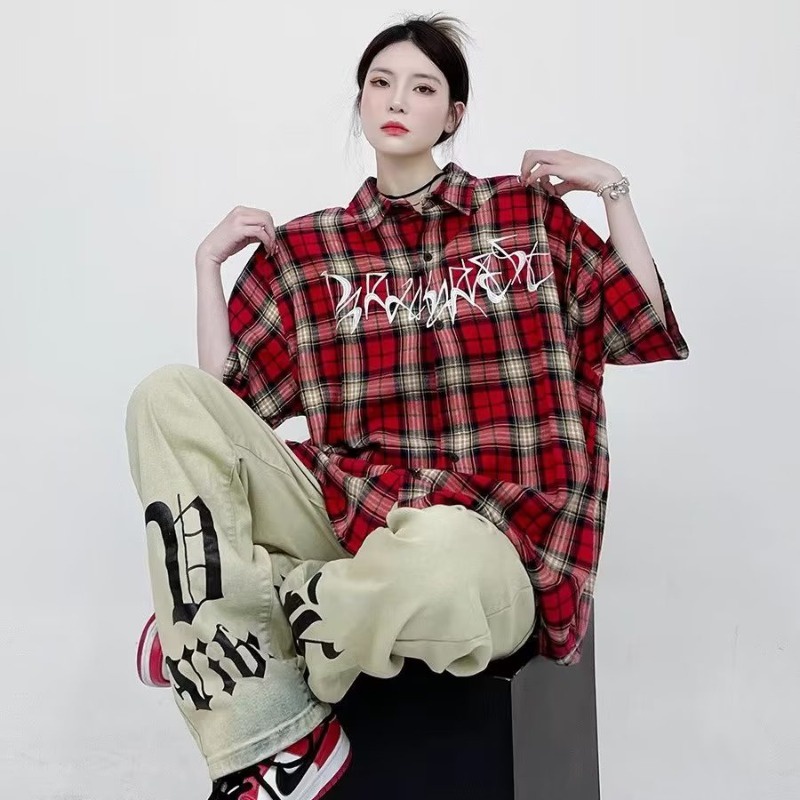 Áo Sơ Mi Ngắn Tay Dáng Rộng Họa Tiết Sọc Caro Thời Trang Sang Trọng Cho Nam Và Nữ