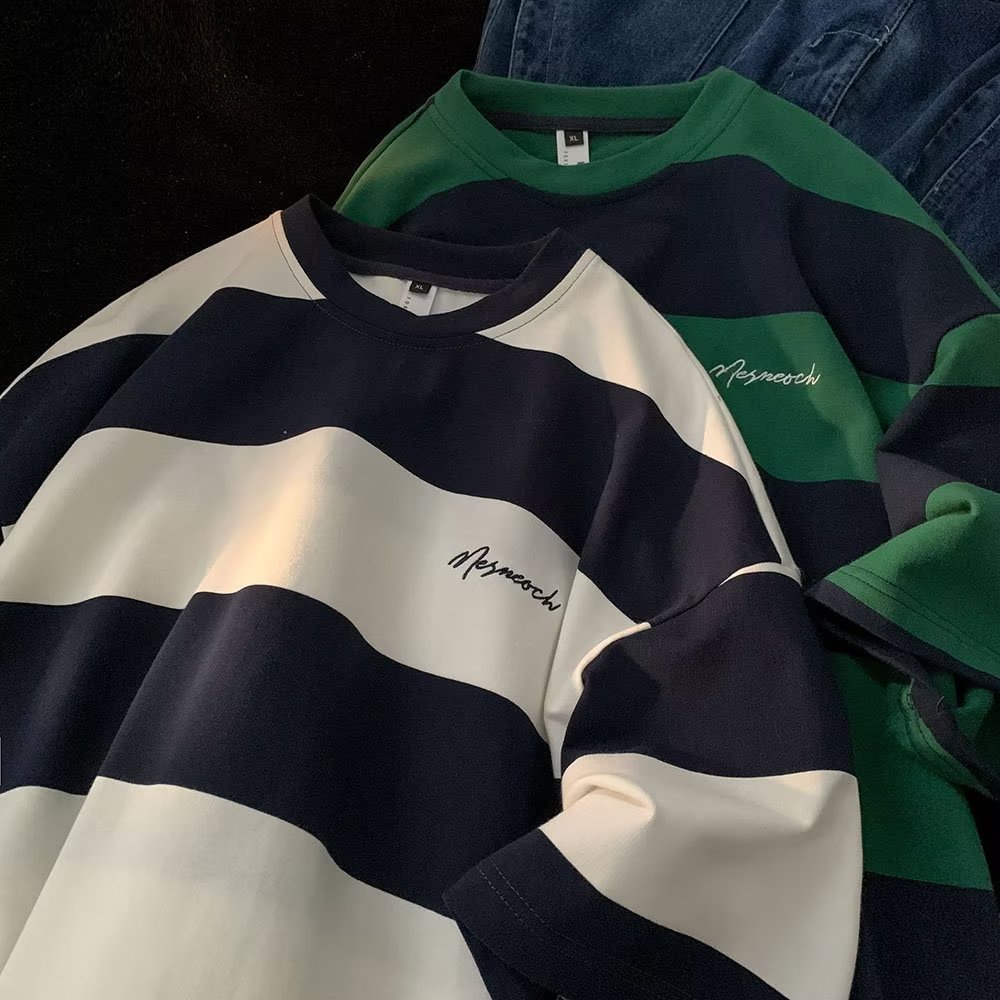 Áo Thun Tay Ngắn Họa Tiết Sọc Phong Cách Retro Thời Trang Cho Nam