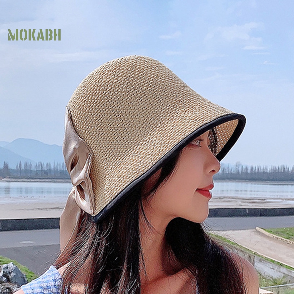 Nón Rộng Vành Chống Tia UV Bằng Polyester Thiết Kế Thắt Nơ Màu Sắc Trơn Thoáng Khí Dành Cho Nữ
