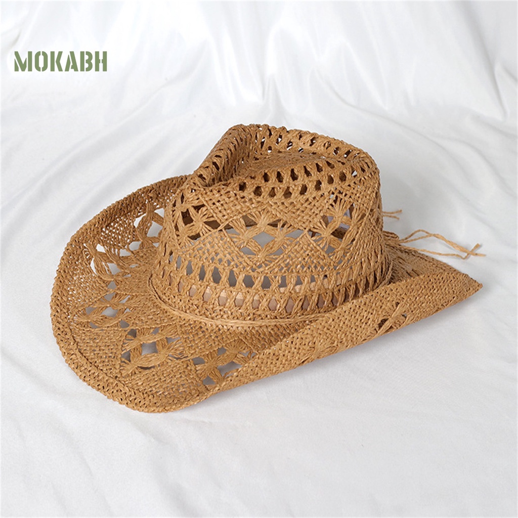 [Mok Abh] Mũ Rơm Cao Bồi Đi Biển Kiểu Cao Bồi Phương Tây Có Lỗ Thông Hơi Hình Tròn Có Thể Gậ