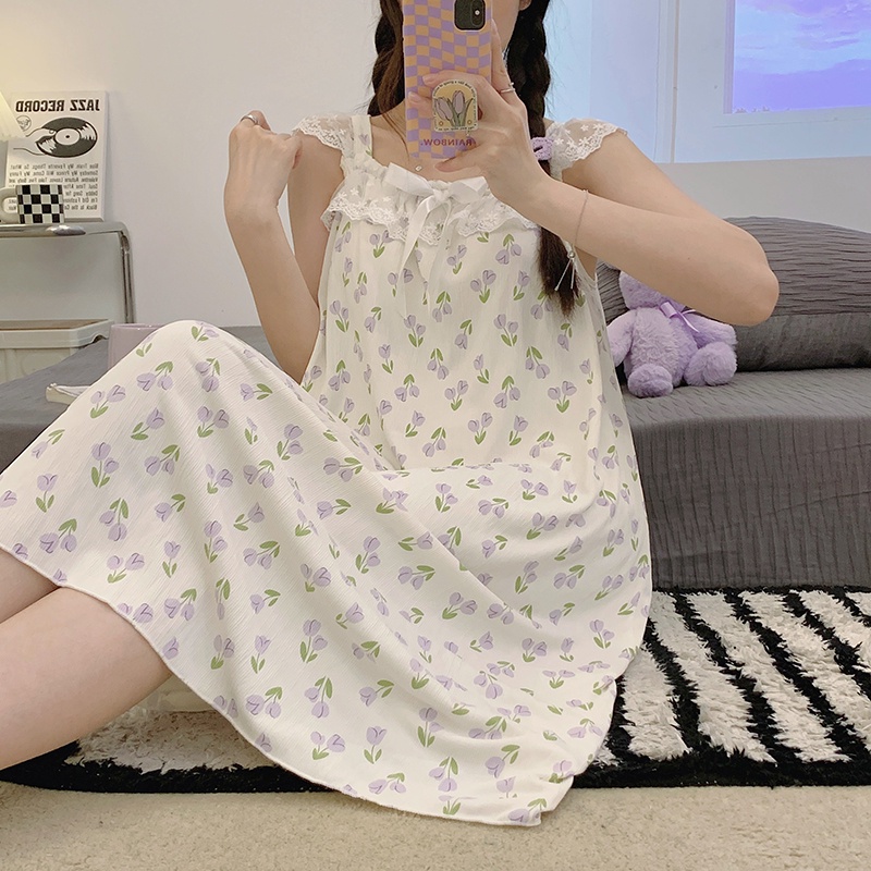 Đầm Ngủ Cotton Dệt Kim Phối Ren Có Đệm Ngực Phong Cách Công Chúa Ngọt Ngào Thời Trang Mùa Hè Kiểu Mới Dành Cho Nữ