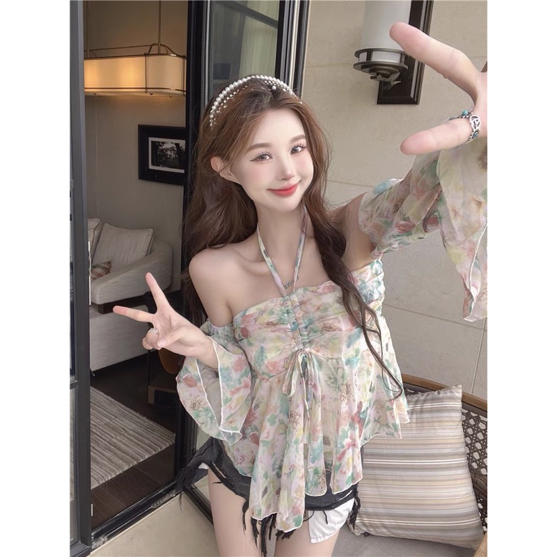 Gaeul store_ áo quây hoa rút dây mix tay rời kiểu trễ vai (tay tháo rời đc