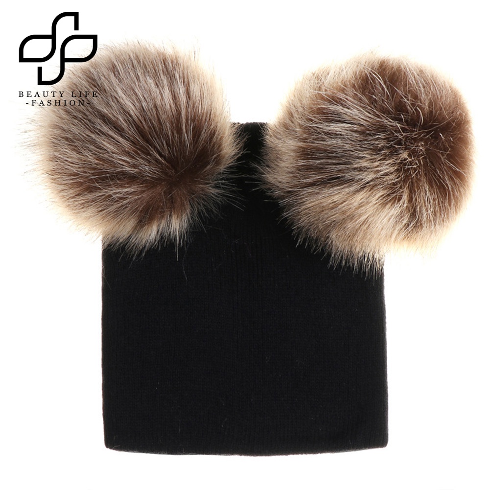 Nón Len Ấm Áp Màu Trơn Đính Hai Quả Bông Thời Trang Thu Đông Cho Bé