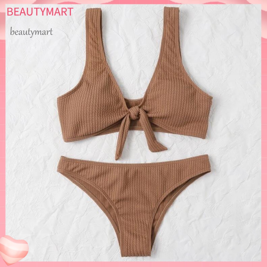 Bộ Đồ Bơi Hai Mảnh Màu Trơn Đính Nơ Co Giãn Dành Cho Nữ