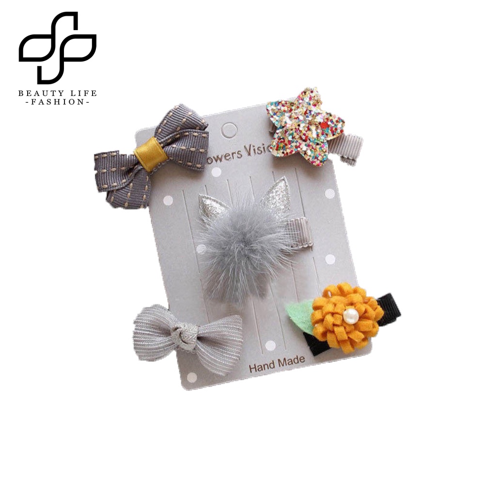 Set 5 Kẹp Tóc Nơ / Ngôi Sao / Hoa Mini Thời Trang Cho Bé Gái