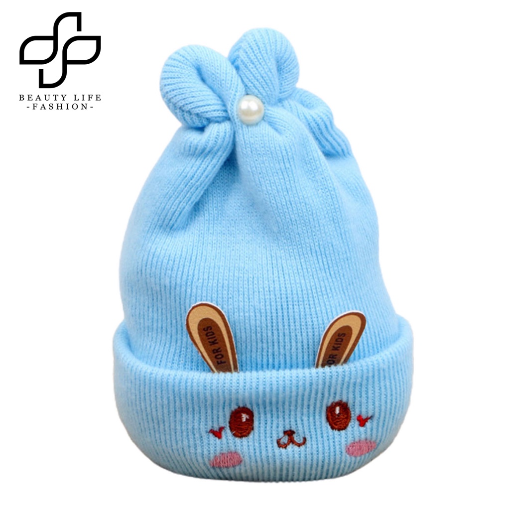 Mũ Beanie Dệt Kim Dày Dặn Đính Ngọc Trai Giả Thêu Hình Tai Thỏ Dễ Thương Thời Trang Thu Đông Cho Bé 0-6 Tháng Tuổi