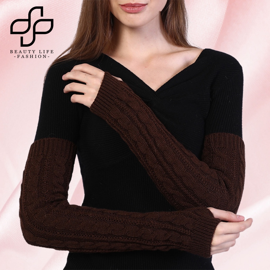 1 Cặp Găng Tay Len Hở Ngón Giữ Ấm Màu Trơn Cho Nữ