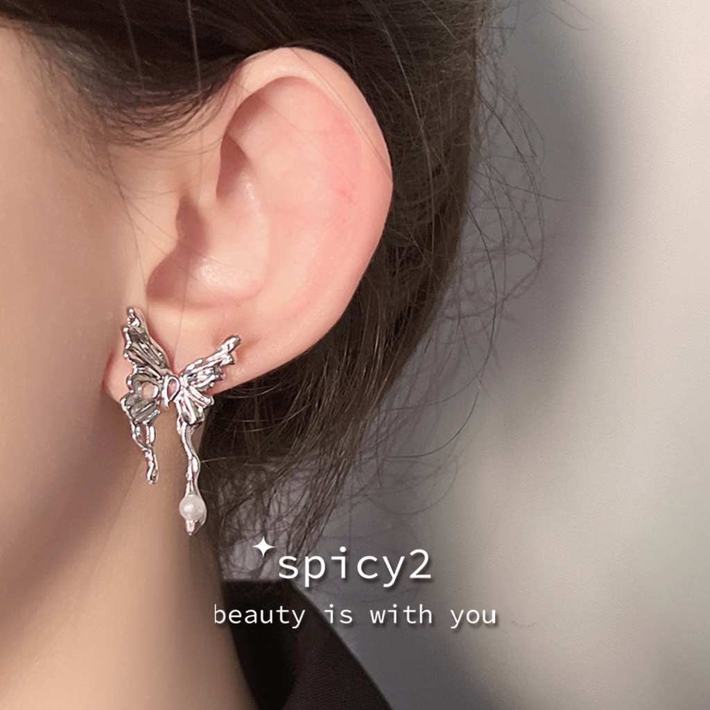 Khuyên Tai Kim Loại Dạng Lỏng Hình Bướm Đính Ngọc Trai Phong Cách Hàn Quốc Cá Tính Cho Nữ Y2K