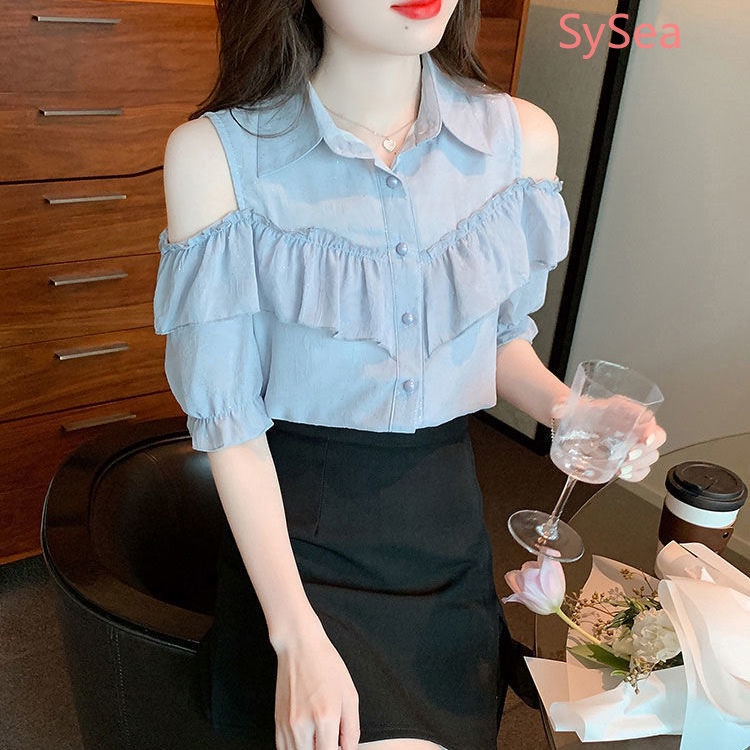 Áo Kiểu Trễ Vai Phối Ren Thời Trang Mùa Hè Cho Nữ