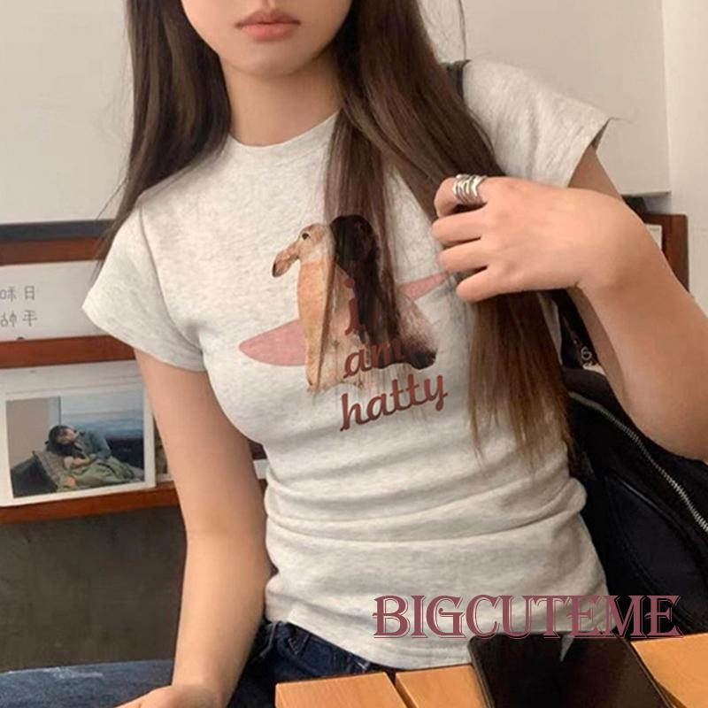 Áo Thun Crop Top Tay Ngắn In Hình Thỏ Dễ Thương Thời Trang Mùa Hè Cho Nữ