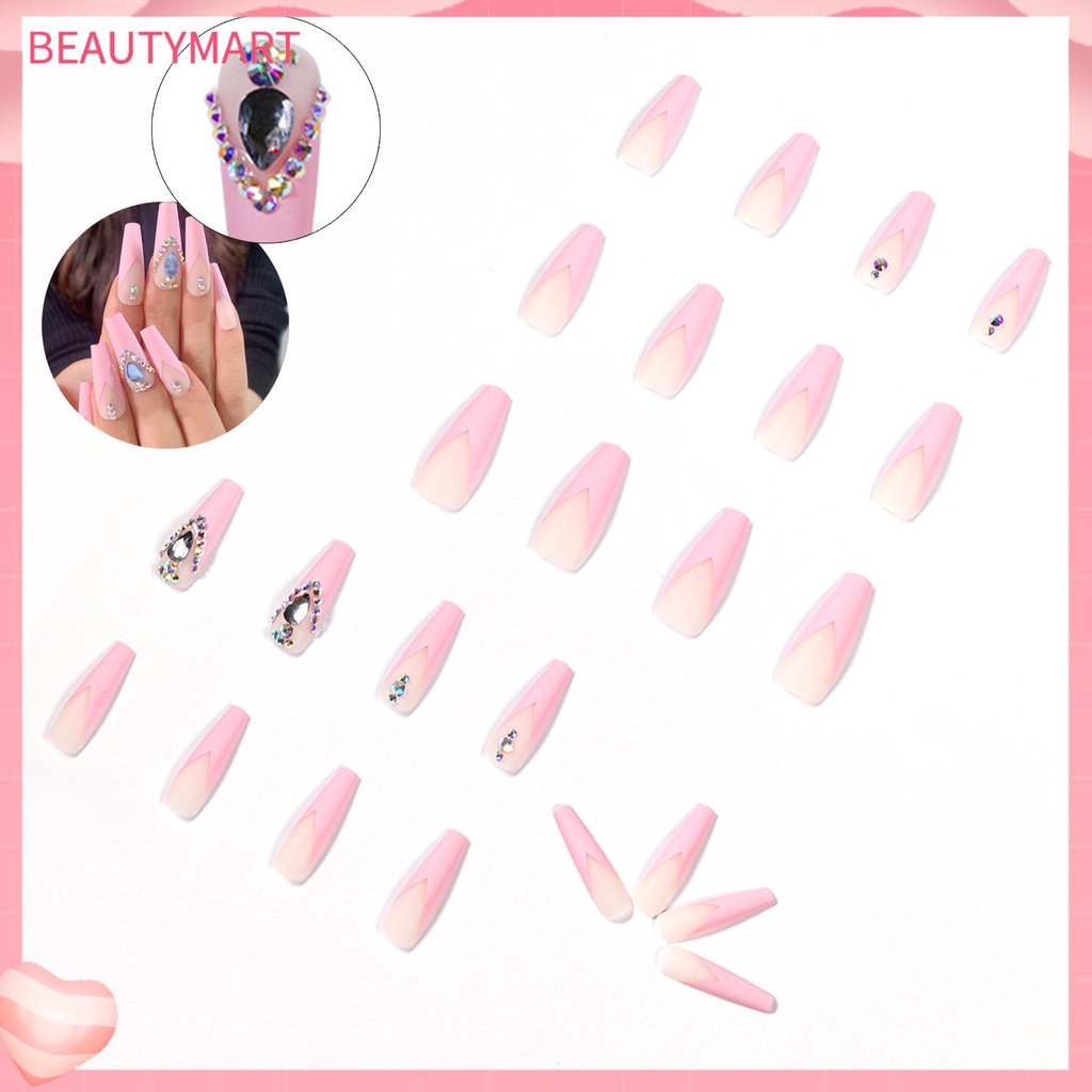 Bộ 24 Móng Tay Giả Hình Quan Tài Đính Đá 3D Siêu Dài Bằng Acrylic Dùng Trang Trí Móng Tay