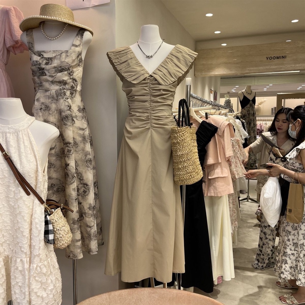 Đầm Dài Ngang Bắp Chân Không Tay Cổ Chữ V Xếp Ly Màu Trơn Phong Cách Pháp Thời Trang Mùa Hè Hàng Mới 2023