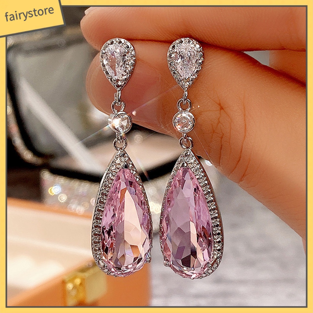 1 Đôi Bông Tai Hình Giọt Nước Bằng Đồng Dát Đá