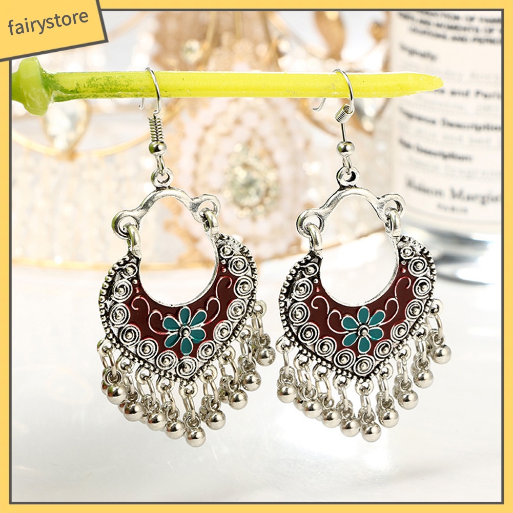 Khuyên Tai Móc Tua Rua Tráng Men Hình Hoa Phong Cách Bohemian Cho Nữ