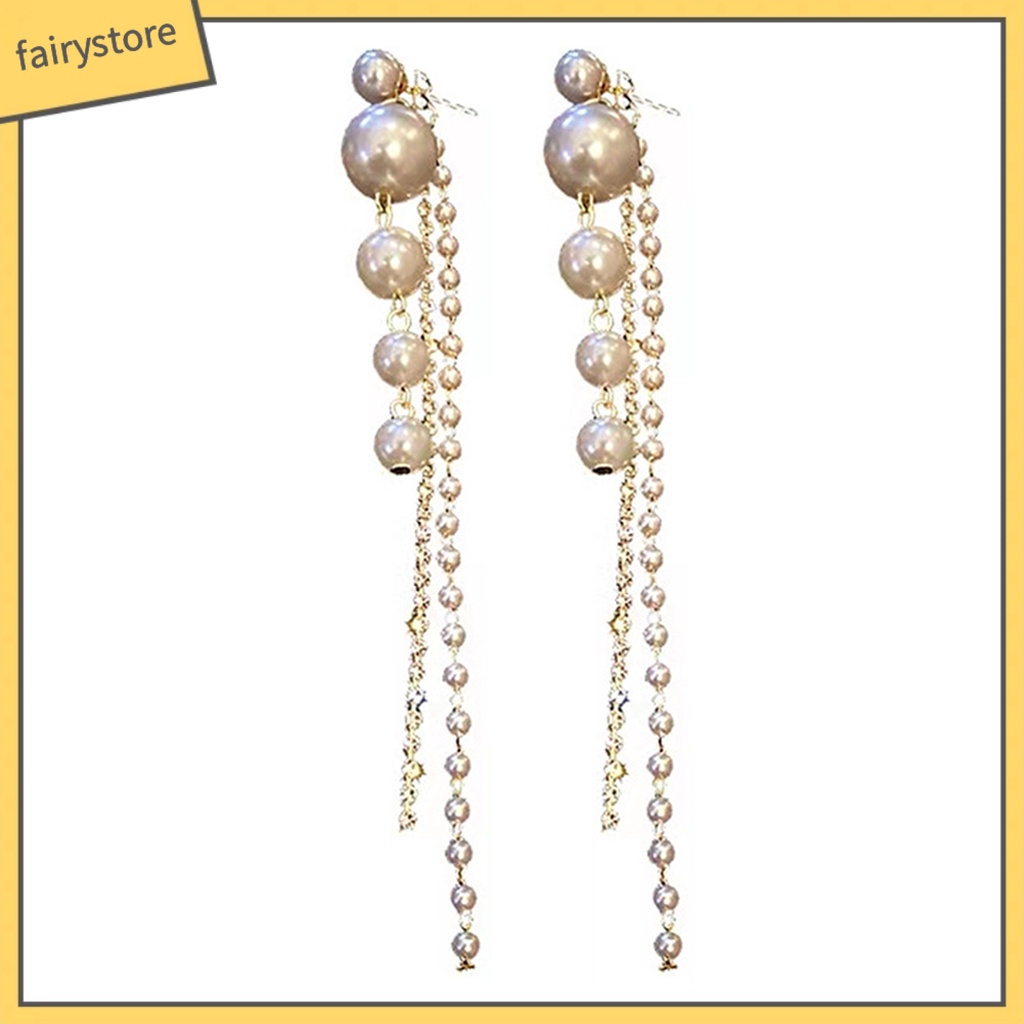 [FRO] 1 Đôi Bông Tai Dạng Tua Rua Dài Đính Đá Giả Ngọc Trai Lấp Lánh