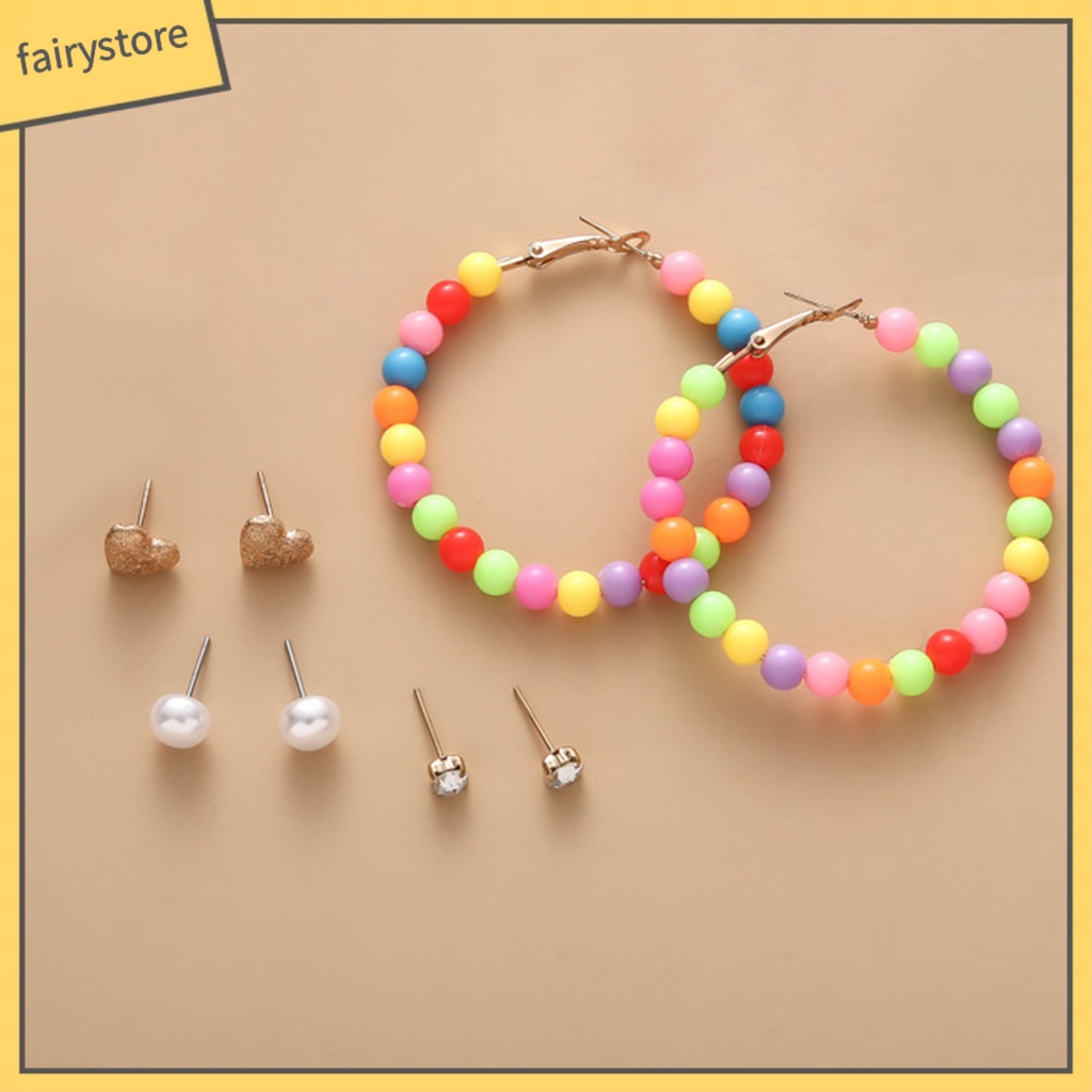 Set 6 Đôi Bông Tai Dạng Vòng Đính Đá Nhiều Màu Sắc Bằng Hợp Kim Cho Nữ