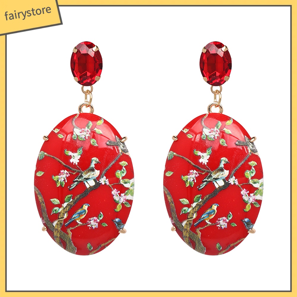 Bông Tai Hình Oval Họa Tiết Hoa Và Chim Phong Cách Vintage Dành Cho Nữ