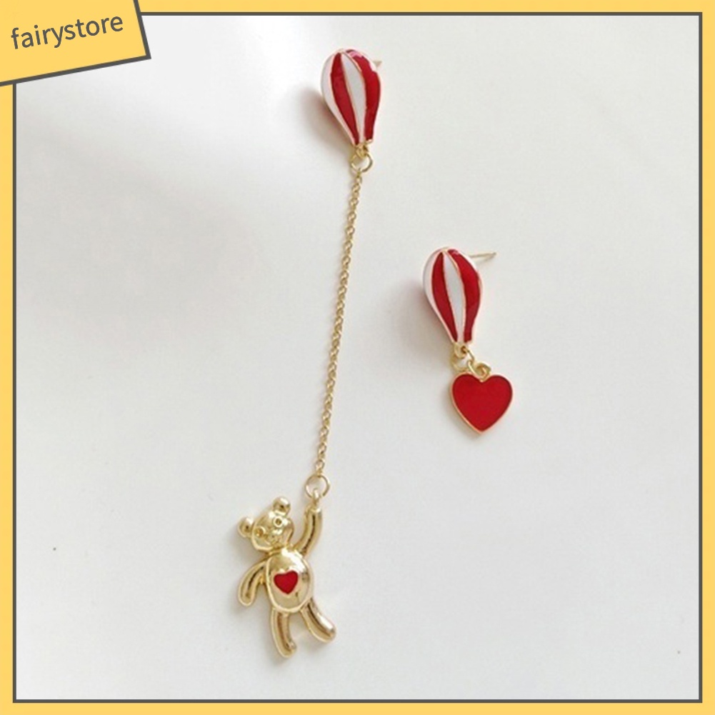[FRO] Khuyên Tai Bất Đối Xứng Hình Khinh Khí Cầu Trái Tim Gấu Ngọt Ngào Cho Nữ