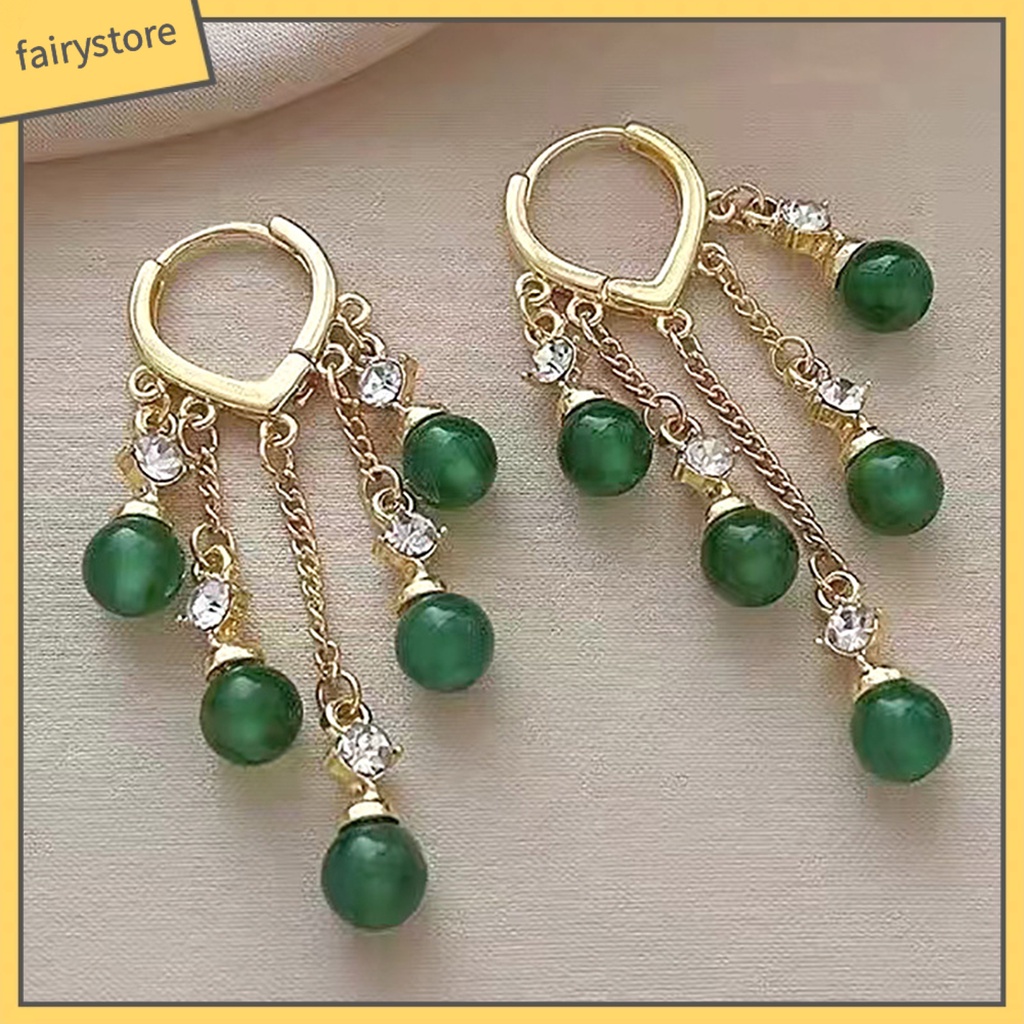 [FRO] 1 Đôi Bông Tai Thời Trang Bắt Mắt Mạ Vàng Ngọc Lục Bảo Tua Rua Đánh Bóng Tinh Tế Màu Xanh Lá Cây Nhân Tạo