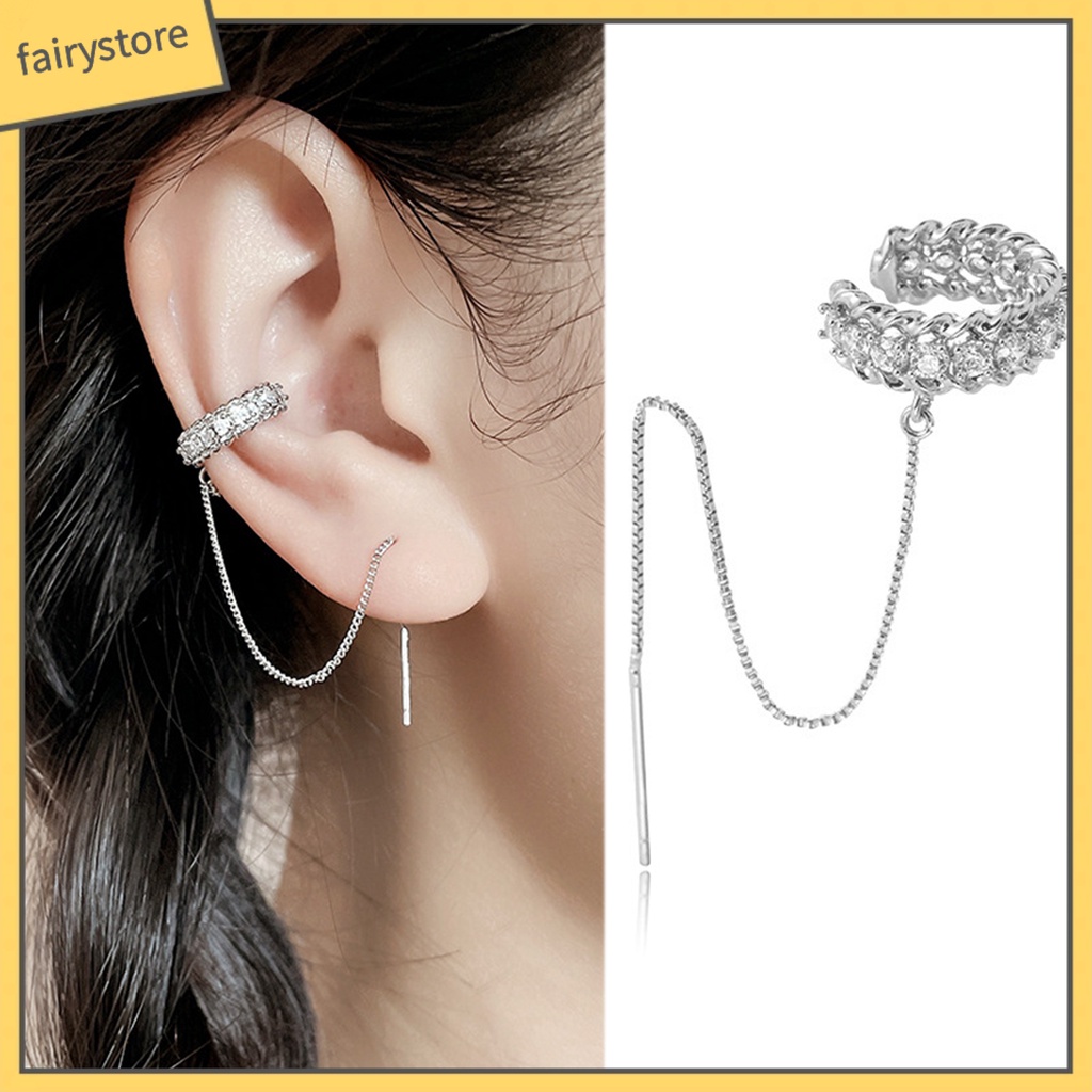 [FRO] 1 Bông Tai Kẹp Hình Khối Lập Phương Đính Đá Zircon Cổ Điển Tua Rua Trang Sức Dự Tiệc Cưới