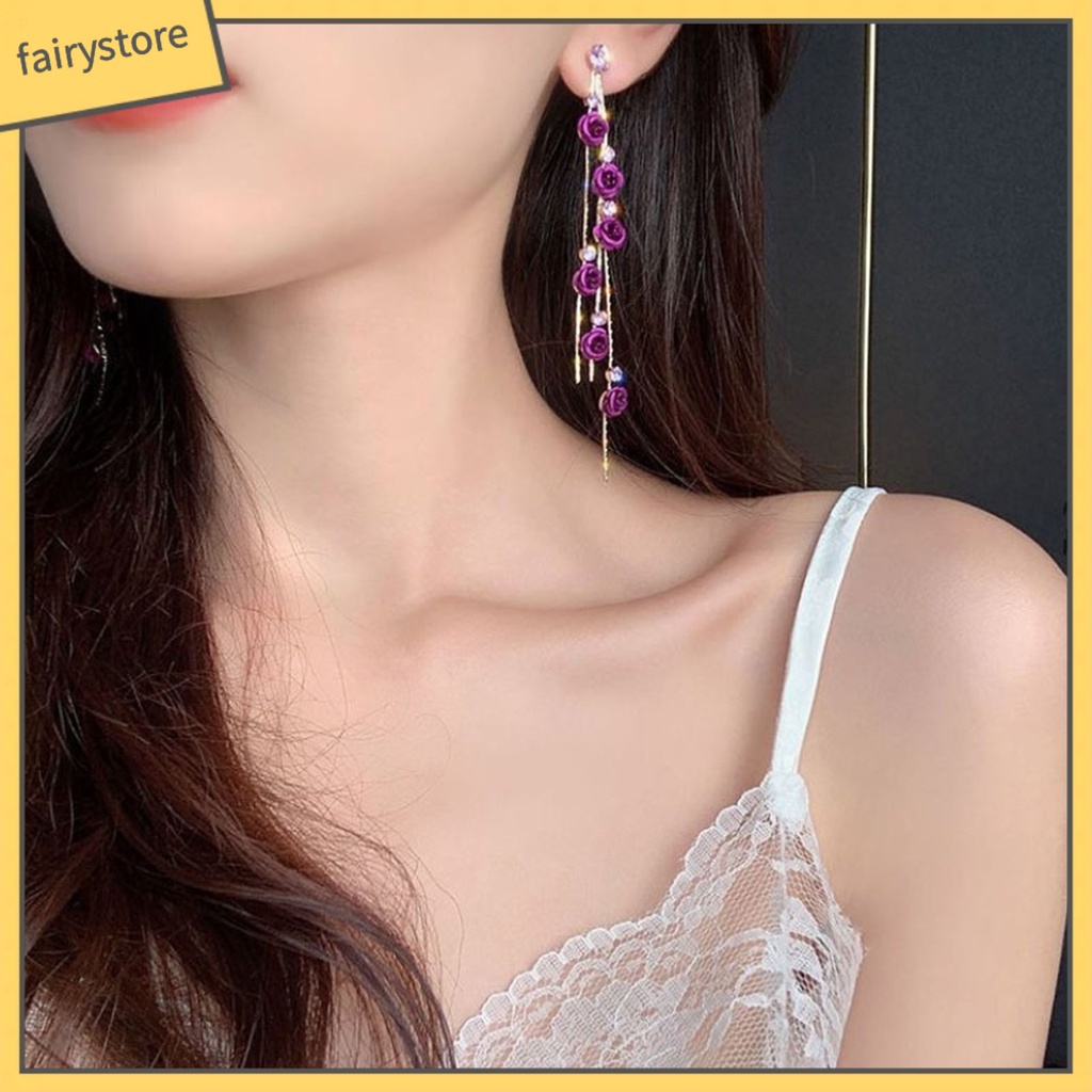 1 Đôi Bông Tai Dài Hình Hoa Hồng Đính Đá Lấp Lánh Dành Cho Nữ